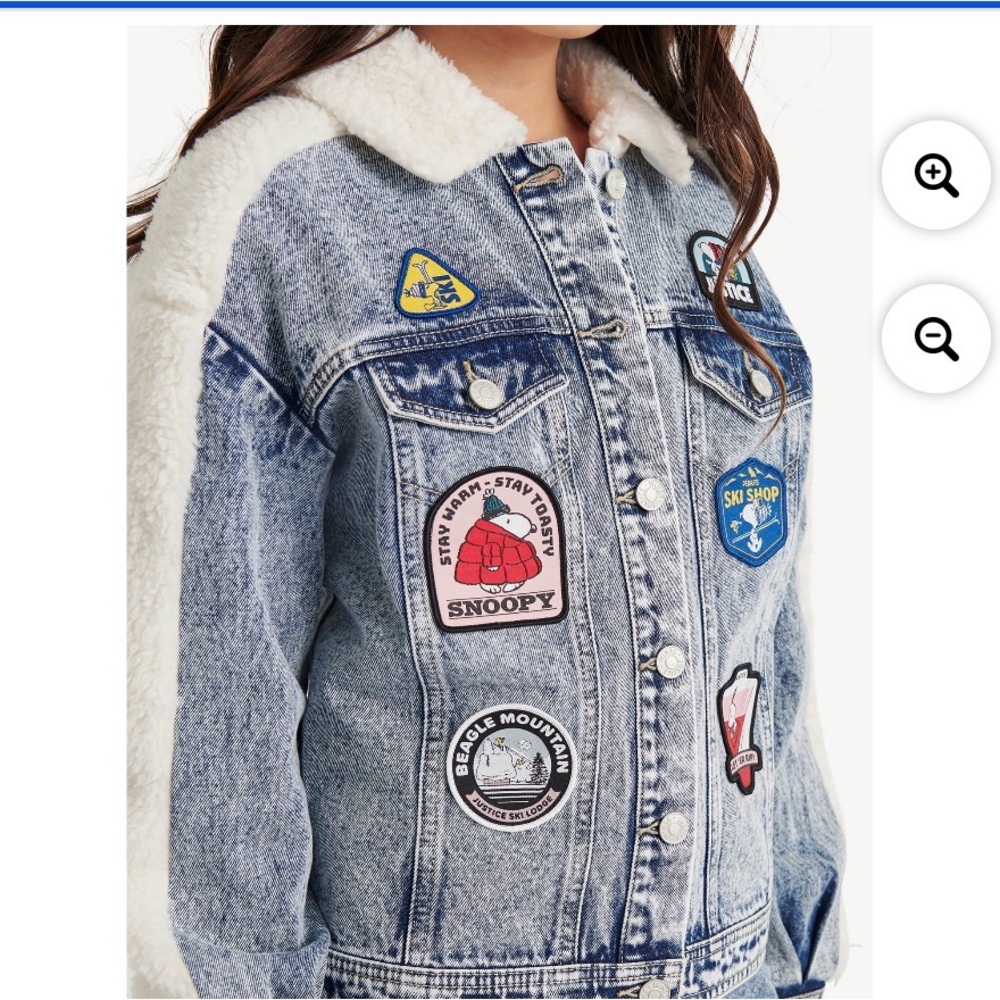 Justice warm Light Blue Denim Jacket with snoopy Patches sz L nwt - Picture 4 of 5